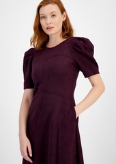 Anne Klein Women's Suede Puff-Sleeve Midi Dress - Deep Plum