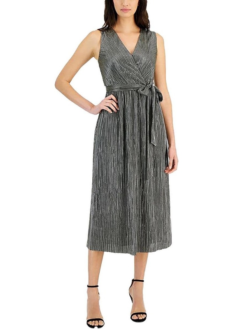 Anne Klein Women's Plus Size Surplice Plisse Knit FOIL MIDI Dress W/SASH