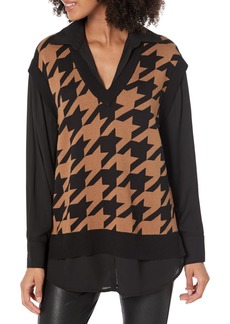Anne Klein Women's V-Neck Houndstooth Sweater Vest W/Shirt