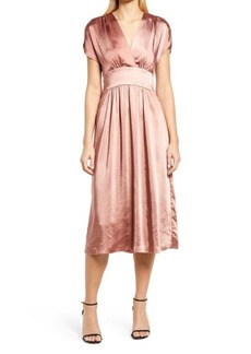 Anne Klein Wrap Front Washed Satin Midi Dress in Anise at Nordstrom