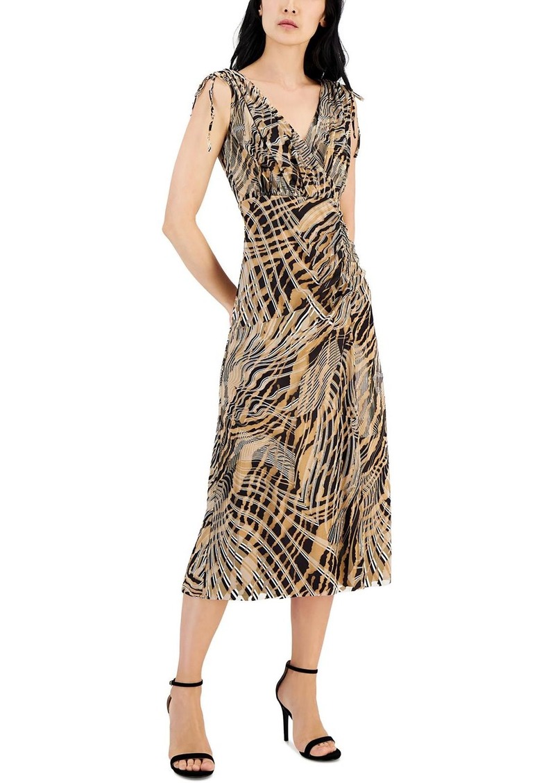 Anne Klein Womens Printed Ruched Fit & Flare Dress