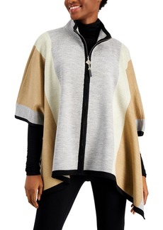 Anne Klein Womens Zip Front Colorblock Poncho Sweater