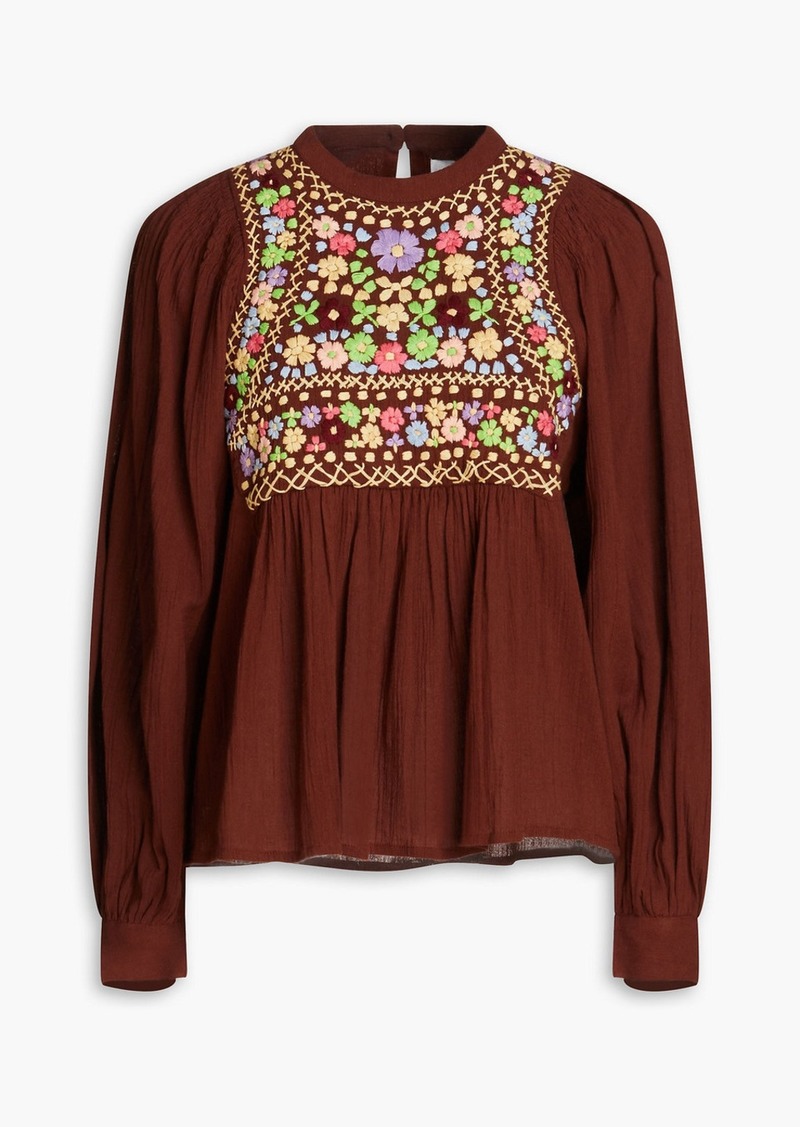 Antik Batik - Line embroidered gathered cotton blouse - Brown - FR 38