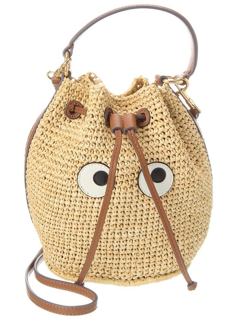 Anya Hindmarch Eyes Drawstring Raffia & Leather Bucket Bag