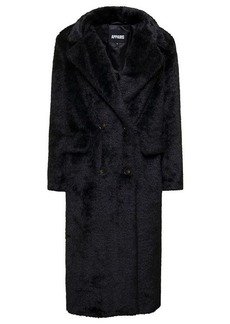 APPARIS 'Astrid' Black Double-Breasted Coat with Revers Collar in Faux Fur Woman