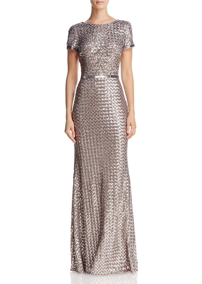 Aqua Belted Sequin Gown - Exclusive