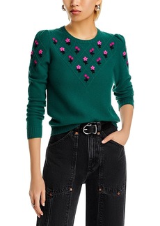 Aqua Cashmere Puff Sleeve Embroidered Floral Cashmere Sweater - Exclusive