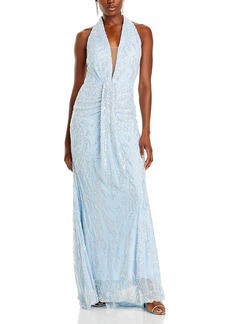 Aqua Embellished Plunging V Neck Gown - 100% Exclusive