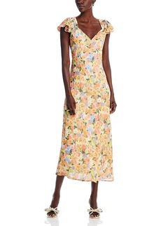 Aqua Floral Print Flutter Sleeve Midi Dress - 100% Exclusive