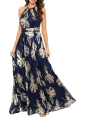 Aqua Floral Print Foil Halter Gown - 100% Exclusive