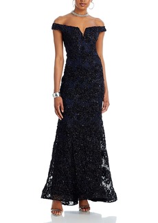 Aqua Off-the-Shoulder Embellished Lace Gown - 100% Exclusive