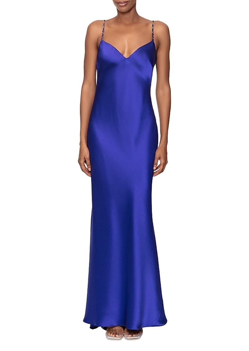 Aqua Satin Cowl Open Back Gown - Exclusive