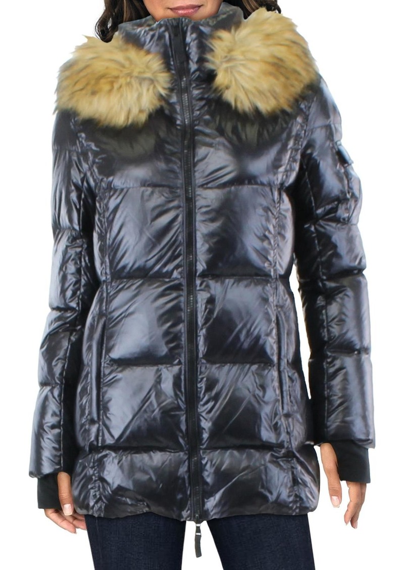 Aqua Womens Faux Fur Midi Puffer Jacket
