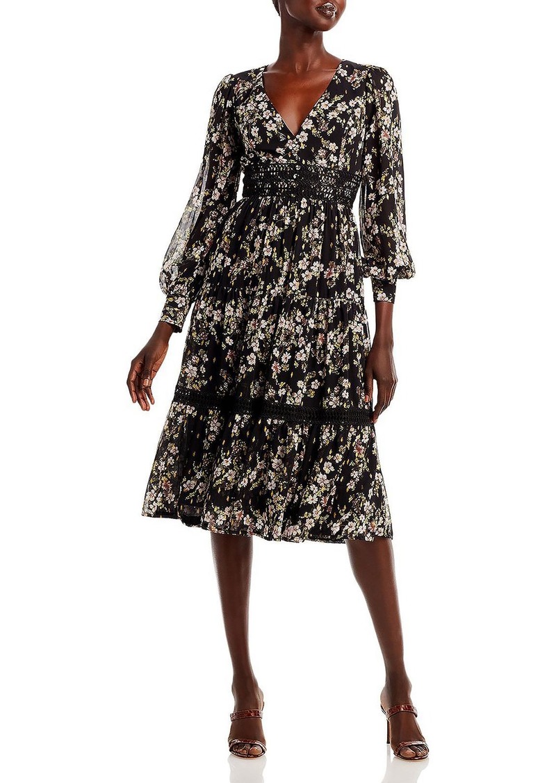 Aqua Womens Floral Print Crochet Trim Midi Dress