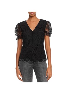 Aqua Womens Lace Overlay Button Up Blouse