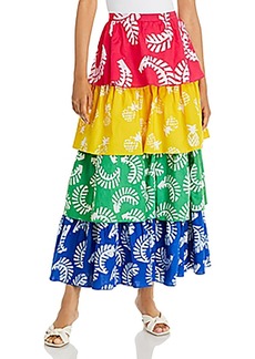 Aqua Womens Leaf Print Tiered Maxi Skirt