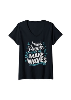 Womens Teach People to Make The Waves Aqua Aerobics Instructor V-Neck T-Shirt