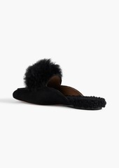 Aquazzura - Foxy pompom-embellished shearling-lined suede slippers - Black - EU 35