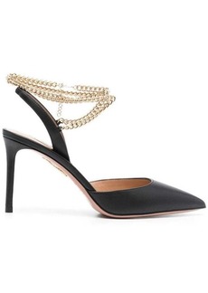 Aquazzura Black Slingback Pumps with Chain Ankle Strap in Leather Woman