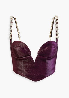 AREA - Cropped crystal-embellished lamé bustier top - Purple - US 0