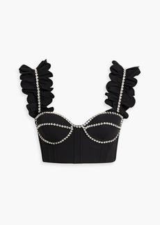 AREA - Cropped crystal-embellished ruffled cotton-poplin bustier top - Black - US 0
