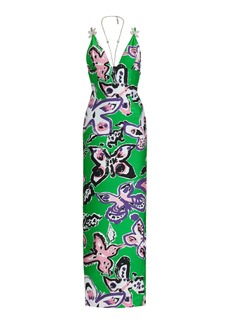 Area - Crystal-Embellished Butterfly Print Maxi Dress - Green - S - Moda Operandi