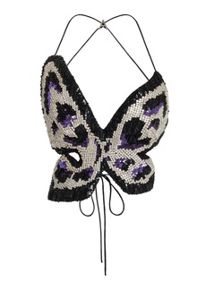 Area - Butterfly Crystal-Embellished Pailette Top - Black/white - S - Moda Operandi