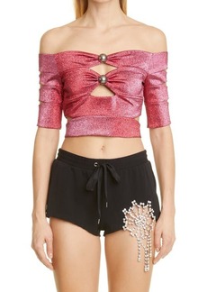 Area Banded Off the Shoulder Knit Crop Top in Pink/Red at Nordstrom