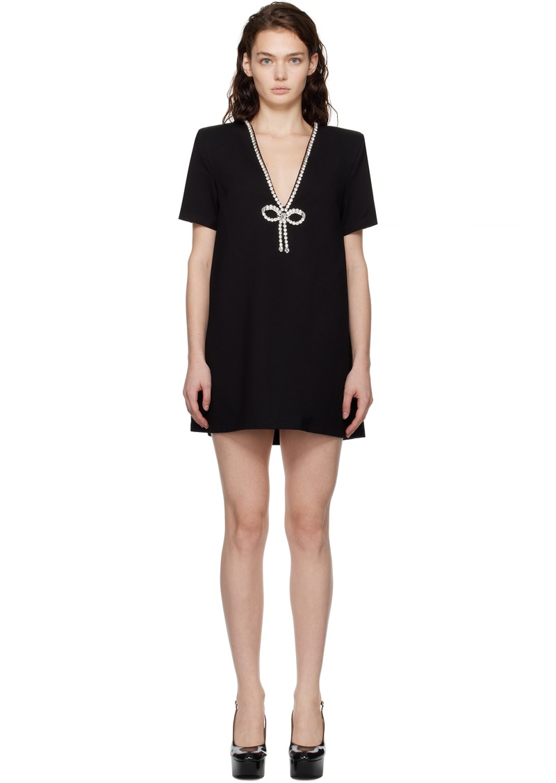 AREA Black Crystal Bow V-Neck T-shirt Minidress