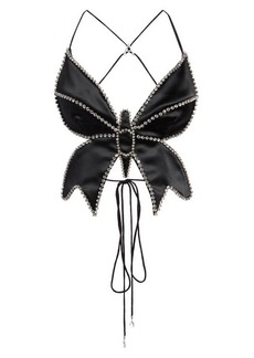 Area Crystal Butterfly Satin Crop Top in Black at Nordstrom