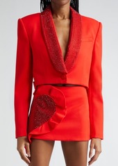 Area Crystal Embellished Cutout Crop Stretch Wool Tuxedo Jacket