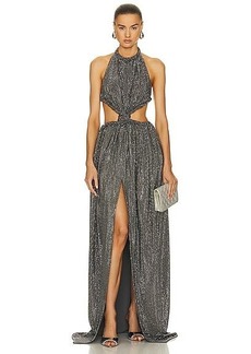 AREA Crystal Embellished Cutout Halter Gown