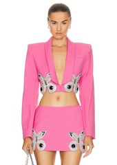 AREA Embroidered Butterfly Cropped Blazer In Carmine Pink
