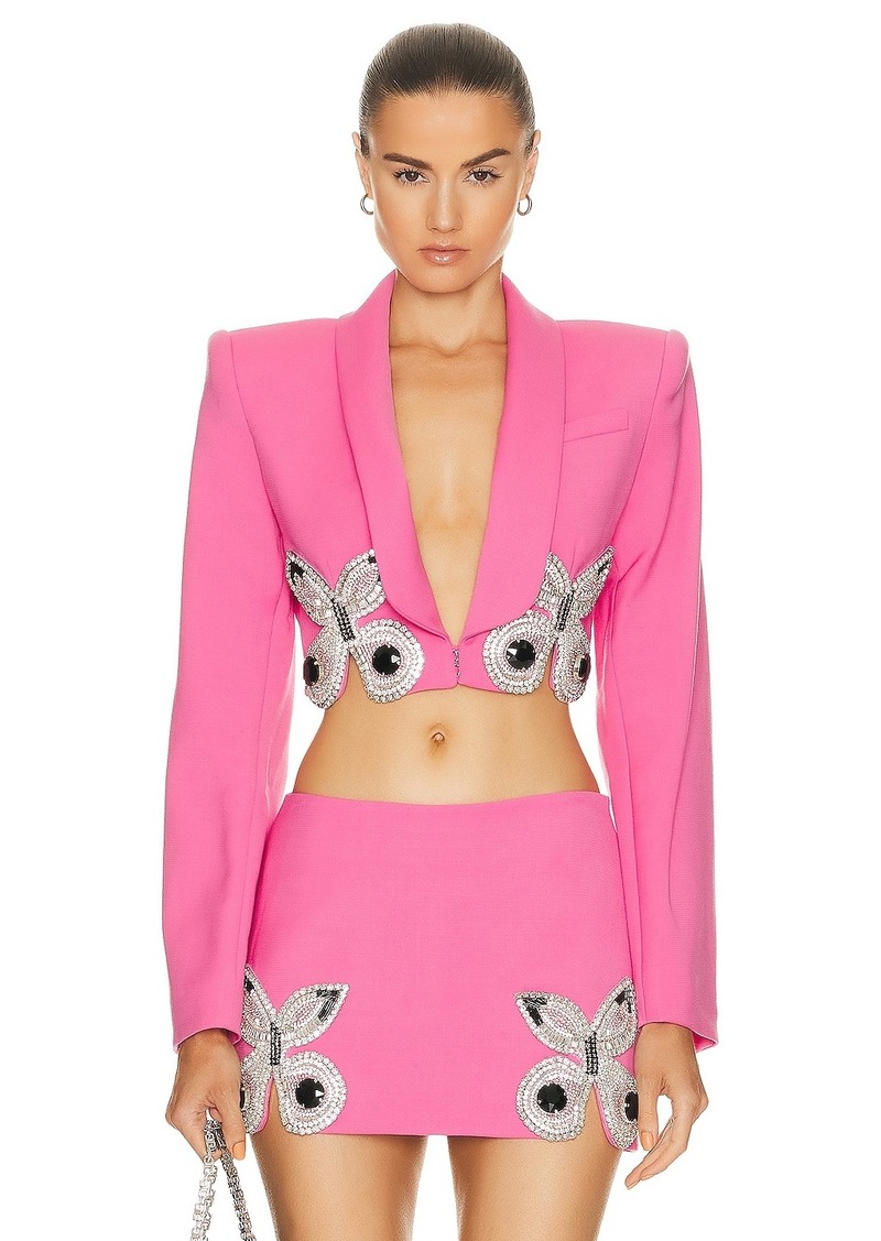 AREA Embroidered Butterfly Cropped Blazer In Carmine Pink