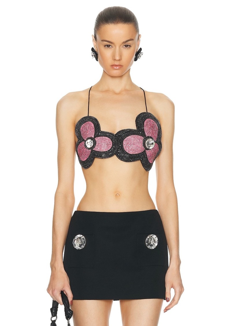 AREA Embroidered Crystal Flower Bra Top