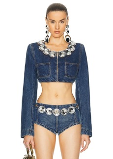 AREA Jumbo Crystal Denim Cropped Blazer