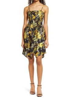 Area Stars Bouquet Print Smocked Cotton Minidress in Black at Nordstrom