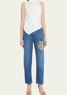 AREA Straight-Leg Jeans with Mussel Flower Detail