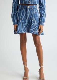 Area Sunray Stripe Ruffle Hem Denim Miniskirt