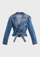 Area Crystal-Embellished Crop Denim Moto Jacket