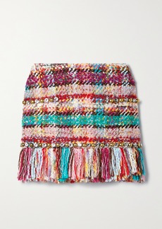 Area Embellished Fringed Checked Tweed Mini Skirt