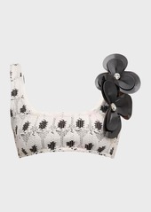 Area Eye Crochet Knit Crystal Flower-Applique Crop Tank Top