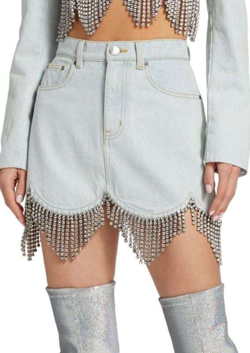 Area Scalloped Crystal Fringe Denim Skirt