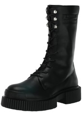 A | X ARMANI EXCHANGE Armani Exchange Women's Platform Chunky Sole Leather Lace Up Combat Boot Black+Black