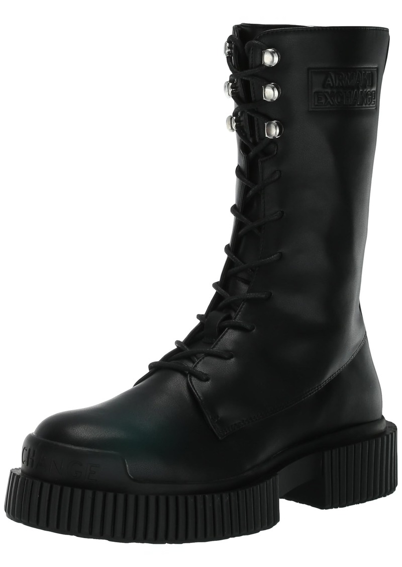 EMPORIO ARMANI Armani Exchange Women's Platform Chunky Sole Leather Lace Up Combat Boot Black+Black