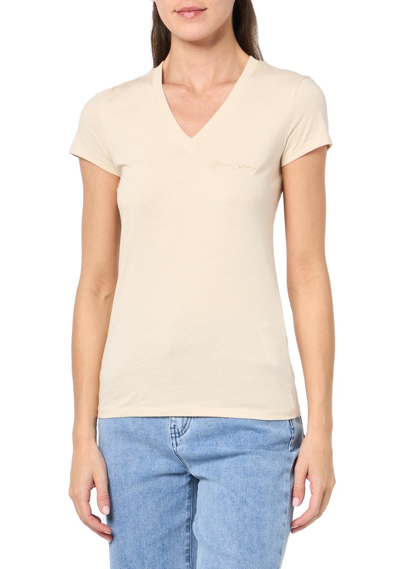 A | X ARMANI EXCHANGE Women's Embroidred Script Logo V-Neck Cotton T-Shirt