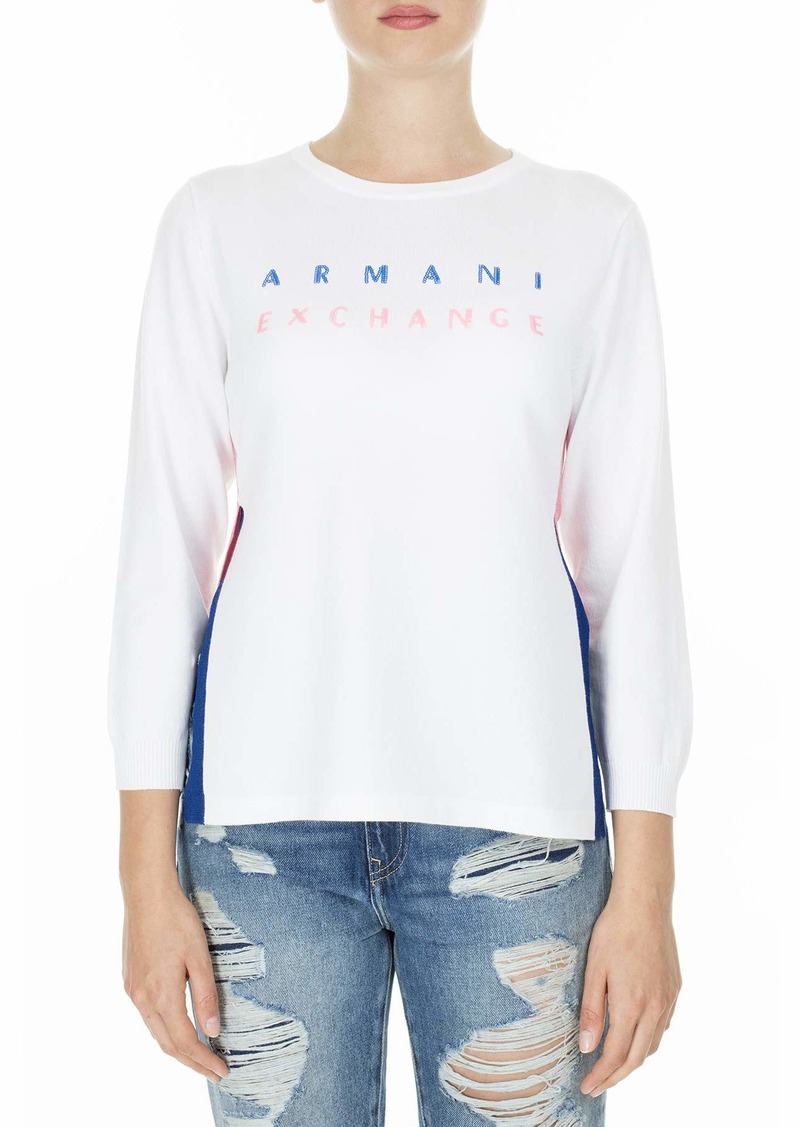 A｜X ARMANI EXCHANGE Women's 3/4 Sleeve Side Slit Knit Logo Sweater Off White S