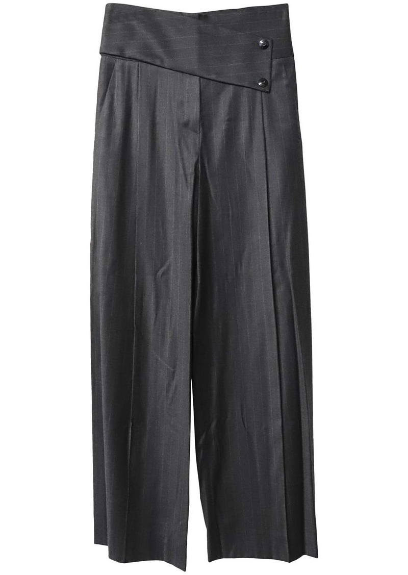 Emporio Armani Buttoned Asymmetric Waistband Wide Leg Trousers in Black Cotton