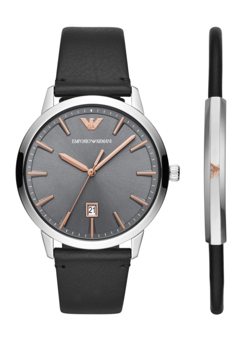 Emporio Armani Men's Black Leather Strap Watch 43mm Gift Set