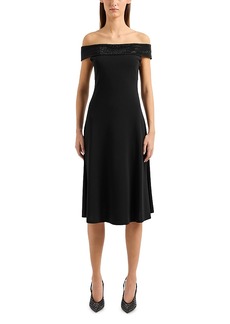 Emporio Armani Rhinestone Trim Off The Shoulder Fit and Flare Dress